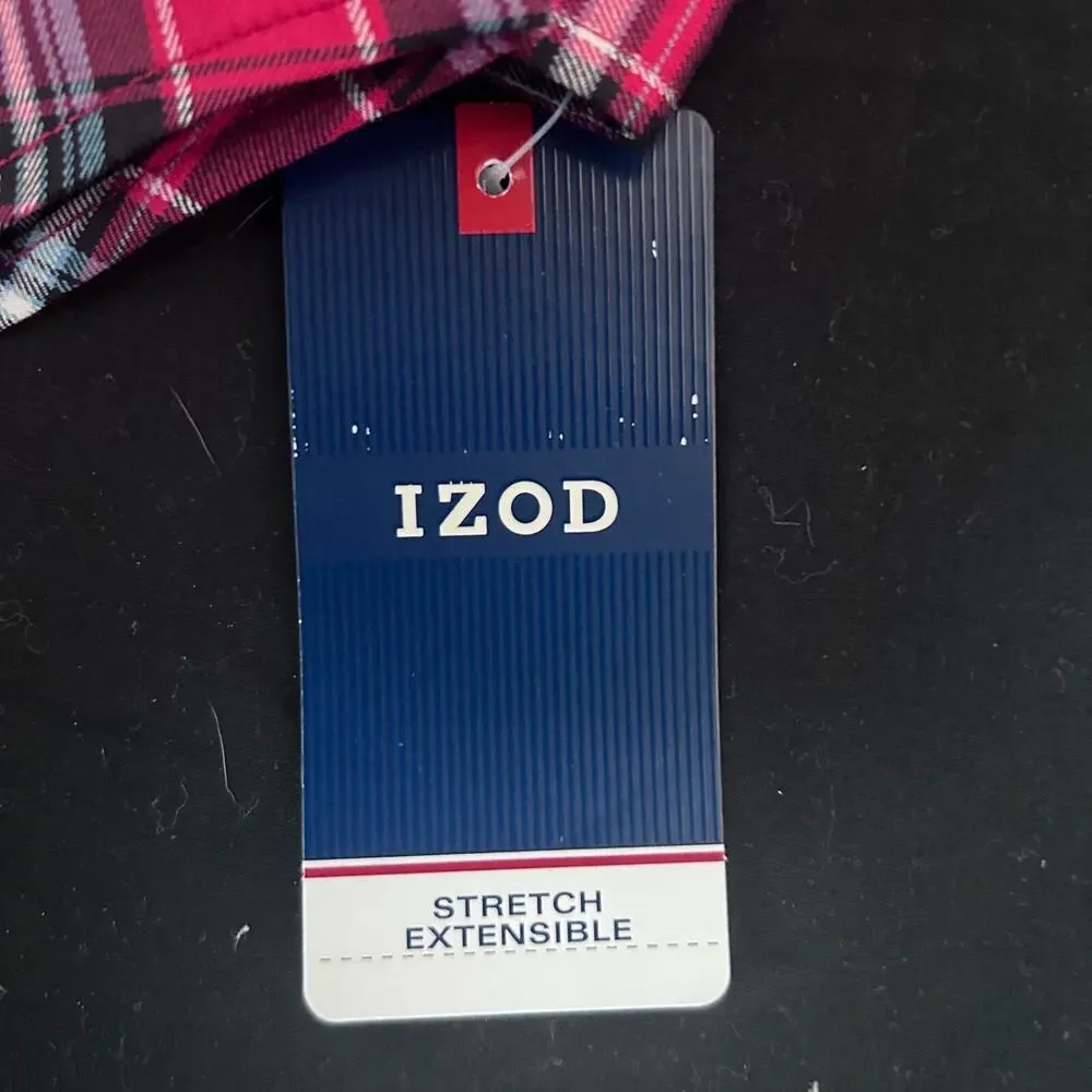 IZOD Boys Button Down Long Sleeve Shirt Red Plaid Size M Stretch Fabric NWT